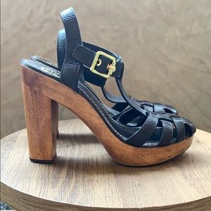 Tory Burch Black Leather and Brown Wooden Heels